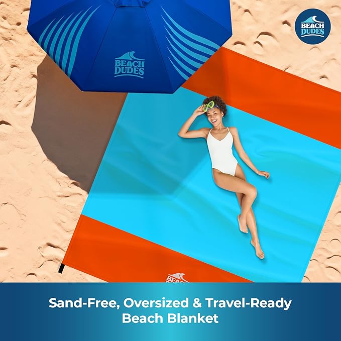 Sandproof Waterproof Beach Blanket Extra Large 108"x 84", Mat for Family, Quick Dry Ripstop Nylon Lightweight, Compact for Travel, Picnic, Camping w/ 4 Anchor Stakes and Carry Bag