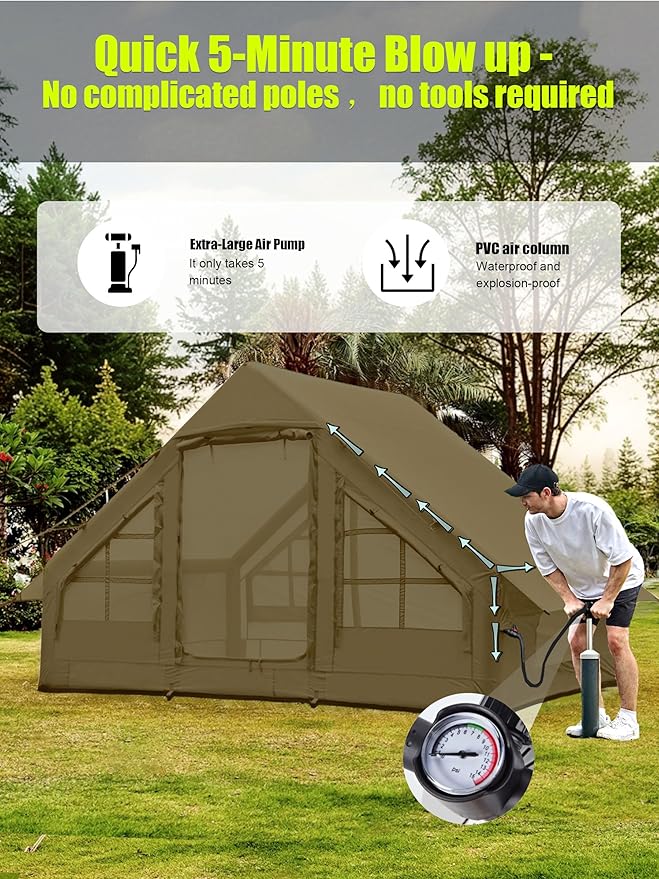 Inflatable Tents with Hand Pump Hot Tent with Stove Jack Easy Blow Up Glamping Tent with Mesh Windows, 4-6 Person Instant Family Camping Tents Waterproof for 4 Seasons