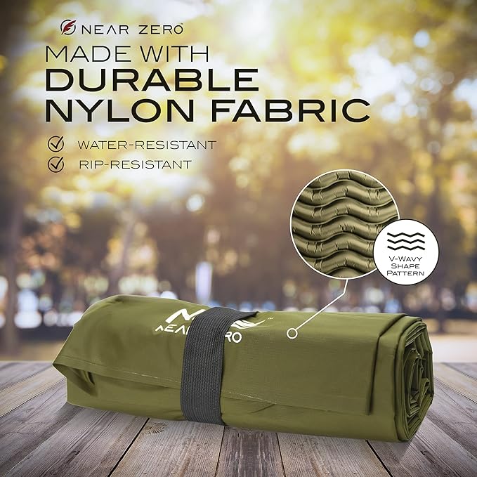 NEAR ZERO Ultralight Inflatable Sleeping Pad – Compact 14.5 oz Air Pad 2" Thick, Quick Inflate with 11 Breaths, Durable Rip-Resistant Nylon – Ideal for Backpacking & Warm Weather, Green