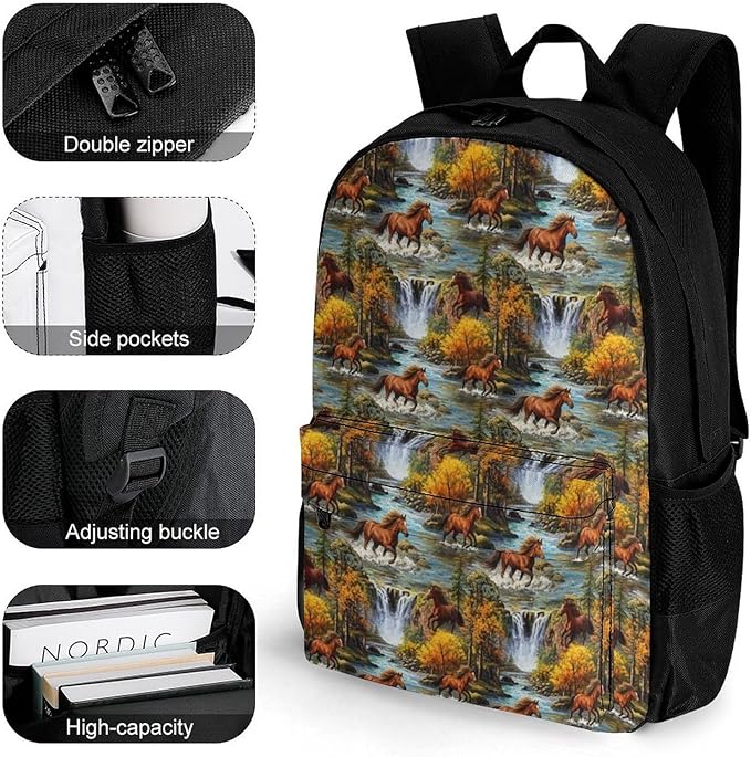 Men Women Lightweight Fall Leaves Running River Waters Wild Horse Backpack Large Capacity Carry On Bag With Padded Straps for Sports Work Walking Cycling