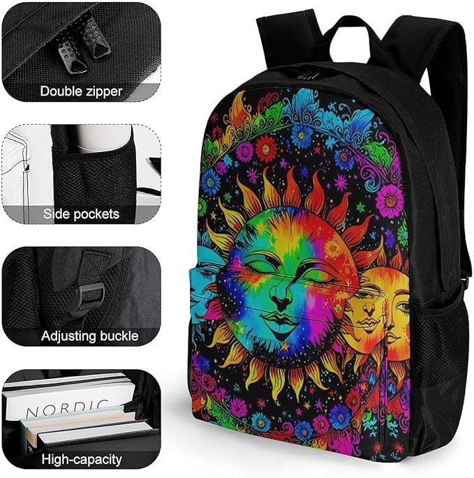 Supdreamc Shoulder Book Bags Polyester Multipurpose Anti-Theft Mandala Triple Sun Hippie Trippy Psychedelic Boho Art Carry On Bag Large Capacity Travel Hiking Camping Rucksack