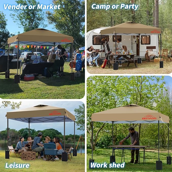 10x10 Pop Up Canopy, Easy Up Canopy Tent, Heavy Duty Tents for Parties, One Person Set Up Event Tent, Khaki