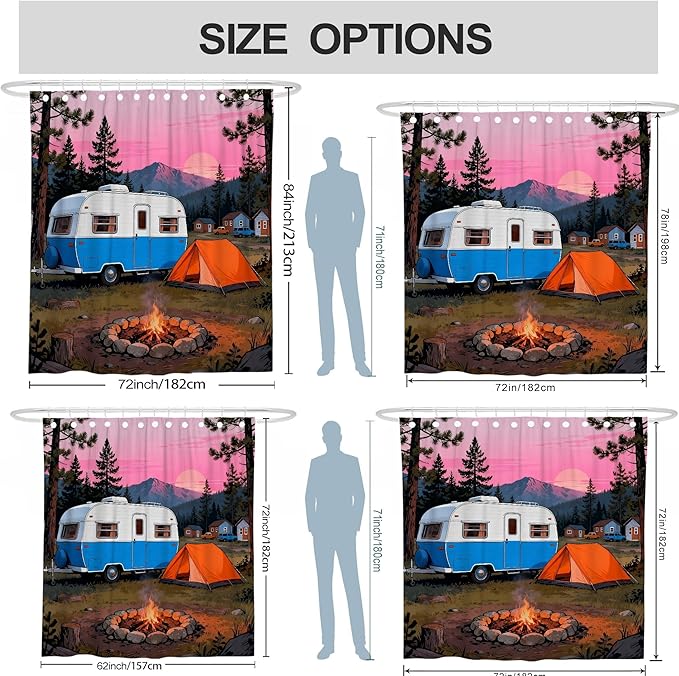 Camping Shower Curtain, Outdoor Adventure Tent Campfire Summer Blue Waterproof Fabric Design Print Bath Curtains for Bathroom Bathtub Apartment Decor 72x78 Inch