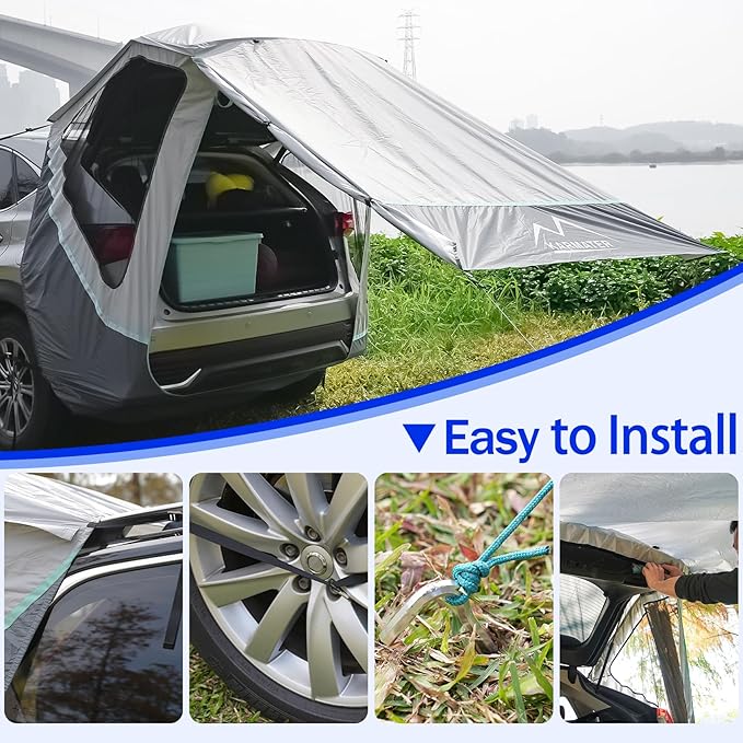 SUV Tailgate Tent with Poles &Three Sides Awning Shade & Transmittance Mosquito Net, Hatchback Camping Sunproof Car Tenting, Universal SUV Windproof Camping Gear Tent Outdoor Travel