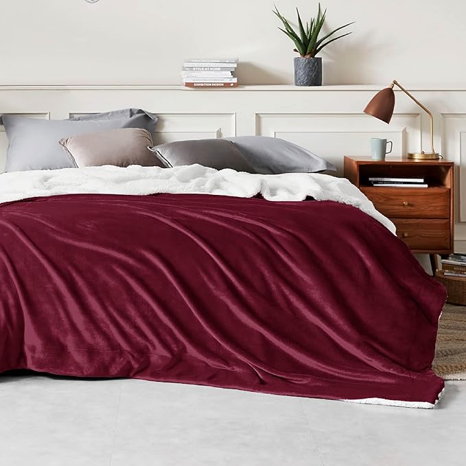 Bedsure GentleSoft Sherpa Fleece Blankets Queen Size for Bed - Thick and Warm, Soft Fuzzy Plush Queen Christmas Blanket for Winter, Burgundy, 90x90 Inches