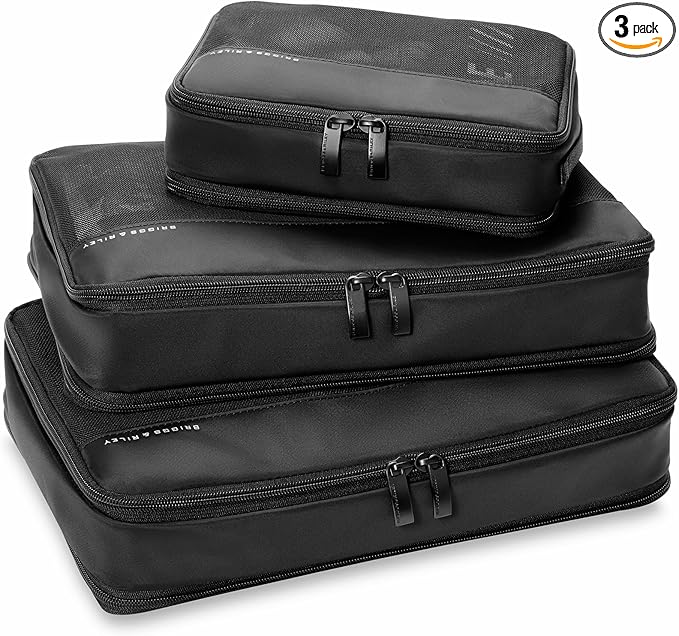 Briggs & Riley Carry On Compression Packing Cube Set - Bag Organizer for Suitcase & Luggage, Travel Essentials for Women & Men, Pack Accessories for Vacation, Maximize Storage Space - 3-Piece, Black