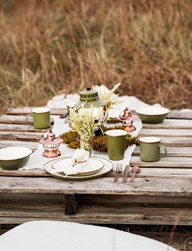 Barebones 2-Tone Enamel Cup Set - Set of 2, 14 oz Mugs - Enamelware Mugs - Durable Kitchen or Camping Mug Set (Olive Drab)