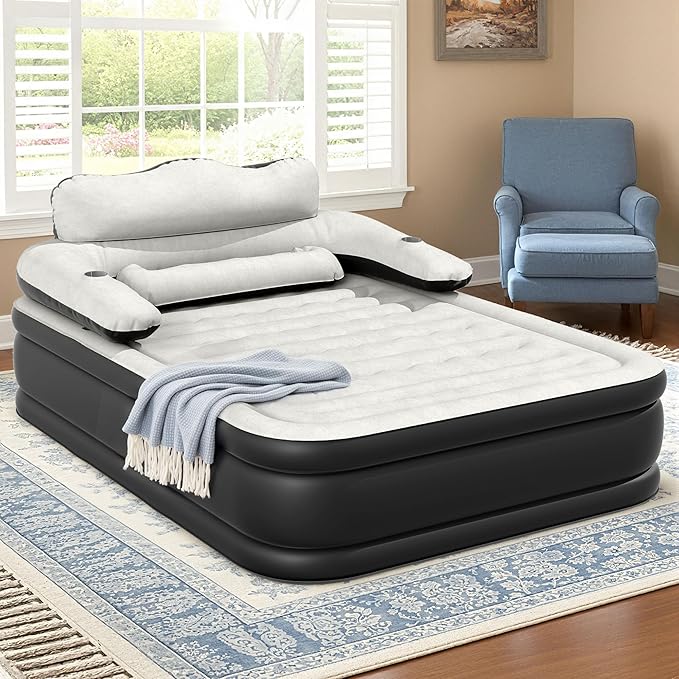 DWVO Queen Size Air Mattress with Headboard & Cup Holders, Blow Up Bed with Built-in Pump & Carry Bag, Fast Inflation Air Bed for Home, Guests & Camping, 60" x 80" x 36", Gray