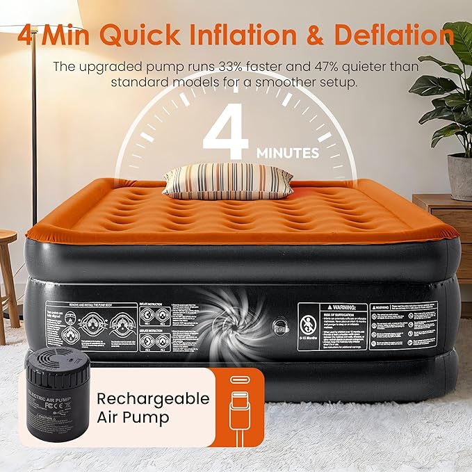 Camping Air Mattress Queen with Built in Pump 18" Thickness 660lbs Heavy Duty Comfortable Blow up Air Mattress with Carry Bag Inflatable Foldable Flocked Top Air Bed for Travel, Home (Black & Orange)