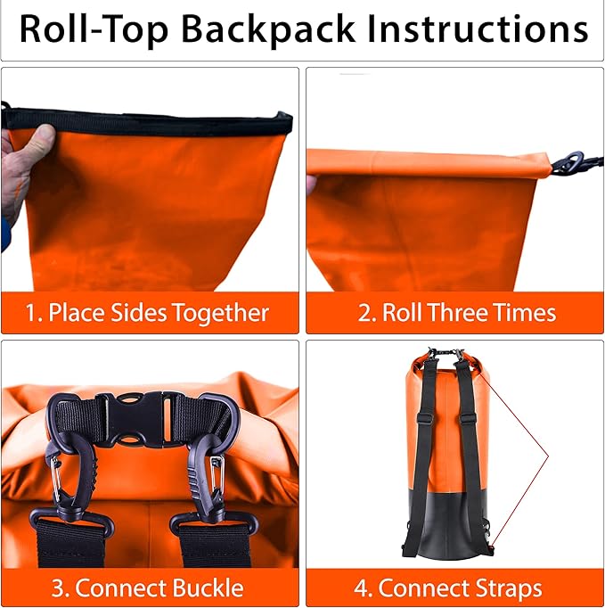 Malo’o DryPack 30L Waterproof Kayak Dry Bag, Heavy Duty Roll-Top Dry Bag with MOLLE Grid and Carry Straps for Fishing, Paddle Boarding, Boating, Camping, and Travel, Orange