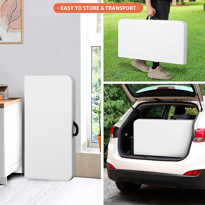 SUPER DEAL 3 Foot Square Folding Card Table, Indoor Outdoor Portable Plastic Heavy Duty Fold-in-Half Puzzles Camping Picnic Party Table with Carrying Handle, White