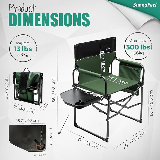 SUNNYFEEL Camping Directors Chair, Heavy Duty,Oversized Portable Folding Chair with Side Table, Pocket for Beach, Fishing,Trip,Picnic,Lawn,Concert Outdoor Foldable Camp Chairs