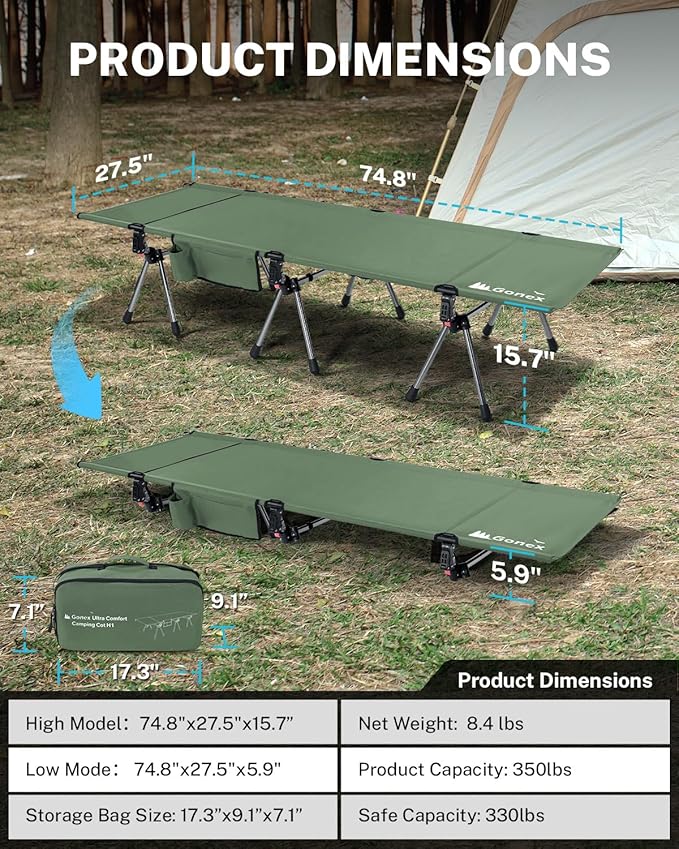 Gonex Camping Cot with Leg Extenders 2 in 1 Portable Ultralight Folding Cot for Adults Adjustable Height Supports 350lbs Sleeping Bed for Backpacking Travel Beach Home 74.8"x27.5"(Army Green, 1 PCS)