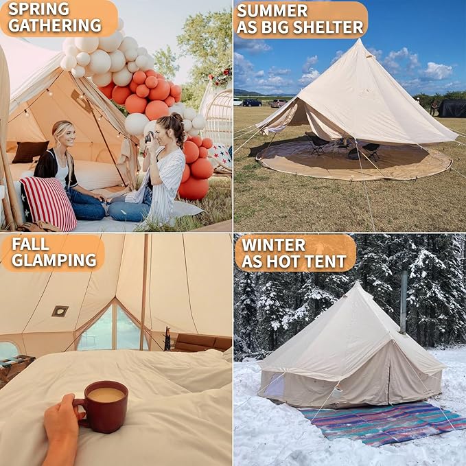 DANCHEL OUTDOOR 4 Season Canvas Bell Tent with Rain Fly Stove Jack, Footprint for 6 Person Family Camping Yurts Glamping, 5m/16.4ft