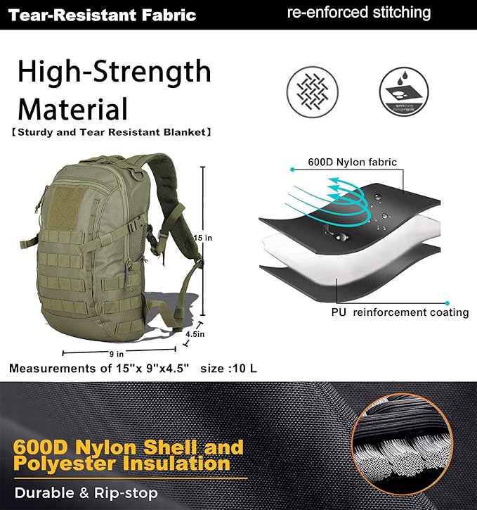12L Small Backpack Day Pack - Mini Tactical Backpacks Military Daypack Molle Bag Rucksack Bug Out Bag for Hiking Camping Trekking (Green)