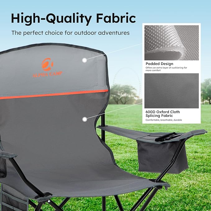 ALPHA CAMP Camping Chair 2 Pack Portable Chair with 3-Can Cooler Folding Chair with Side Pocket and Cup Holder, Collapsible for Camping, Tailgates, Beach, Fishing and Sports,2PC
