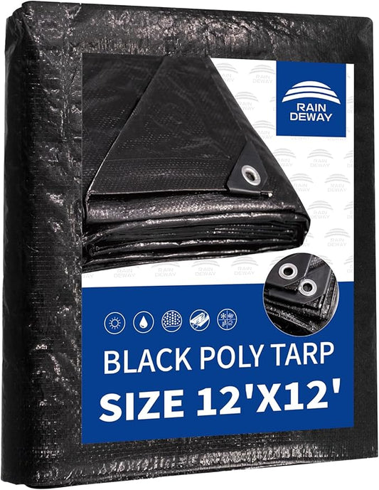 RAINDEWAY Black Tarps 12x12 Feet,UV Resistant, Multipurpose Medium Duty Waterproof Poly Tarp, Square Tent Tarp,Cover with Metal Grommets and Reinforced Edges, Finished Size