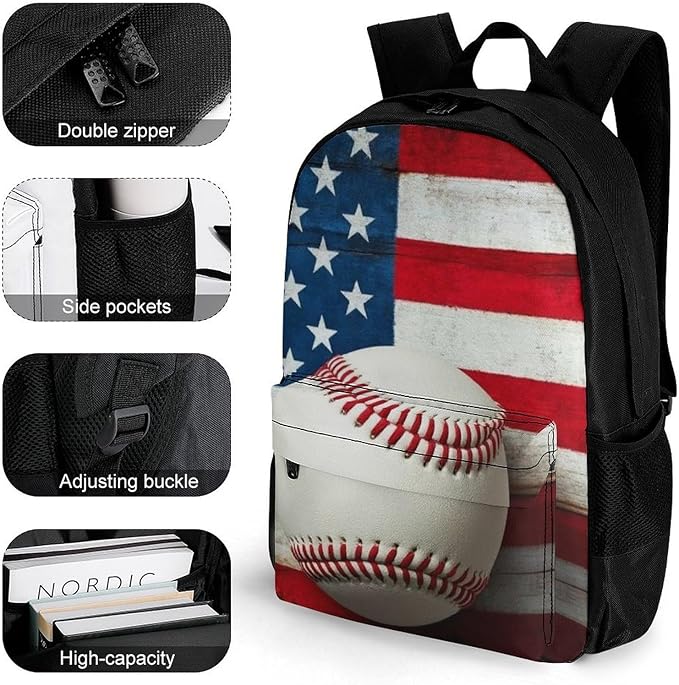 Lightweight Rucksack for Sports Travel Running, Big Capacity Multipurpose Anti-Theft Bookbag, Baseball Rustic Wooden American Flag Travel and Sport Backpack Rucksack