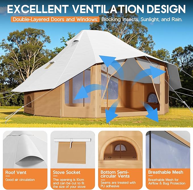 SPECRAFT Canvas Bell Yurt Tents & Inflatable Tent for Camping, Waterproof Glamping Tent with Stove Jack, Breathable Mesh, Snowproofing Spacious 4-Season Family Shelter for Outdoor, Camping, Parties