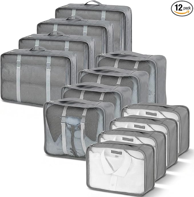 12 Pcs Packing Cubes for Suitcase, 3-Sizes Luggage Packing Organizers for Travel Accessories Hiking Camping Backpacking Clothes(Grey, L, M, S Size)