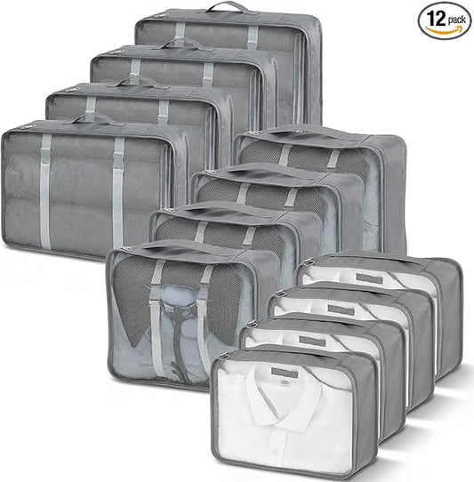 12 Pcs Packing Cubes for Suitcase, 3-Sizes Luggage Packing Organizers for Travel Accessories Hiking Camping Backpacking Clothes(Grey, L, M, S Size)