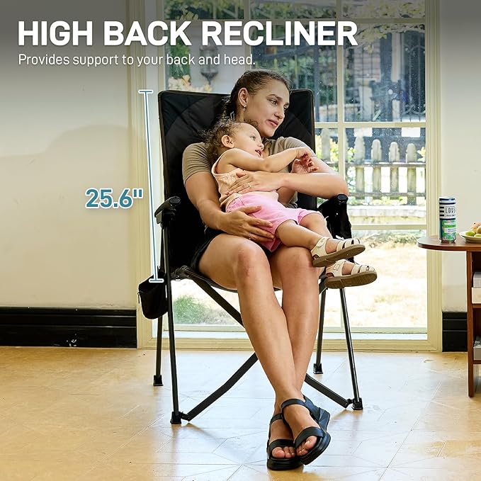 EVER ADVANCED Reclining Camping Chairs for Adult Lightweight, Folding Recliner Chair with Adjustable Back, 4-Level Lounge Chairs, Portable Lawn Chairs for Patio Balcony, Supports 350lbs Black