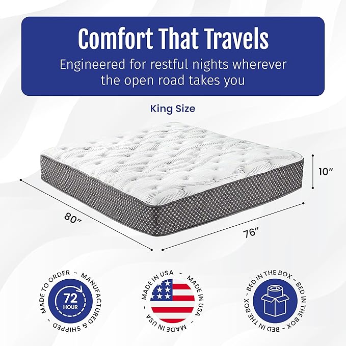 WanderRest Cool Hybrid 10” RV Mattress, King 76x80, Medium, Cooling Gel Memory Foam & Pocketed Coil Mattress for RV, Camper, or Travel Trailer, Made in USA