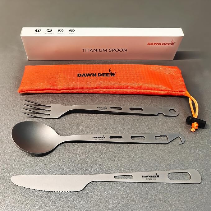 Titanium Fork Spoon Knife Set - Camping Tongs | Ultralight Backpacking Utensils, Travel Cutlery Set, Heat-Resistant & Rustproof, Hiking Survival Gear (Knife+ Fork+ Spoon)