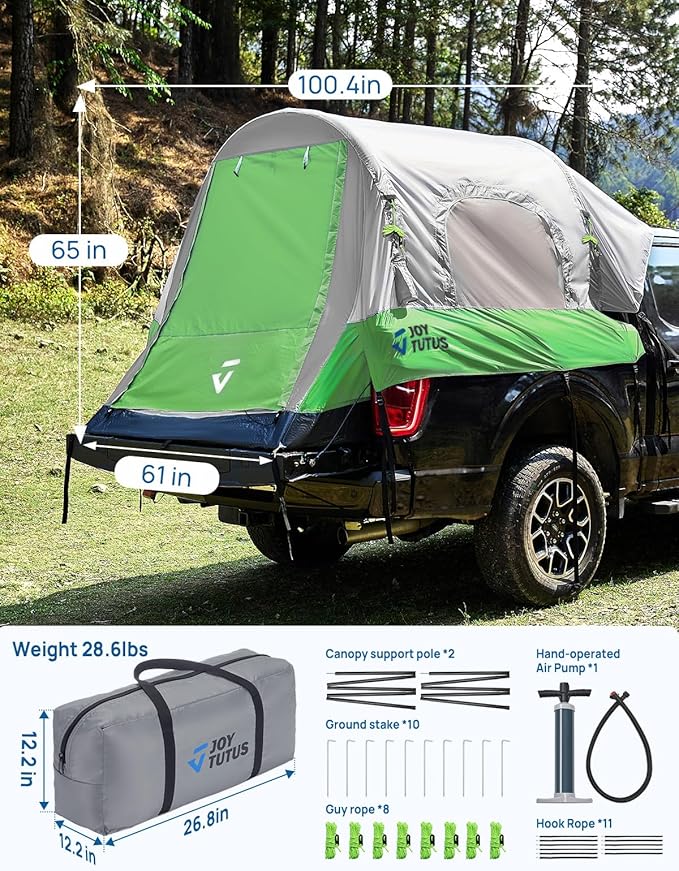 JOYTUTUS Inflatable Truck Bed Tent 5.5-6.5FT with Awning, Includes Air Pump for Quick 30S Setup, Dual-use Pickup or Camping Tent for 2 Person, Truck Tent with Waterproof Roof Shade and 3 Windows