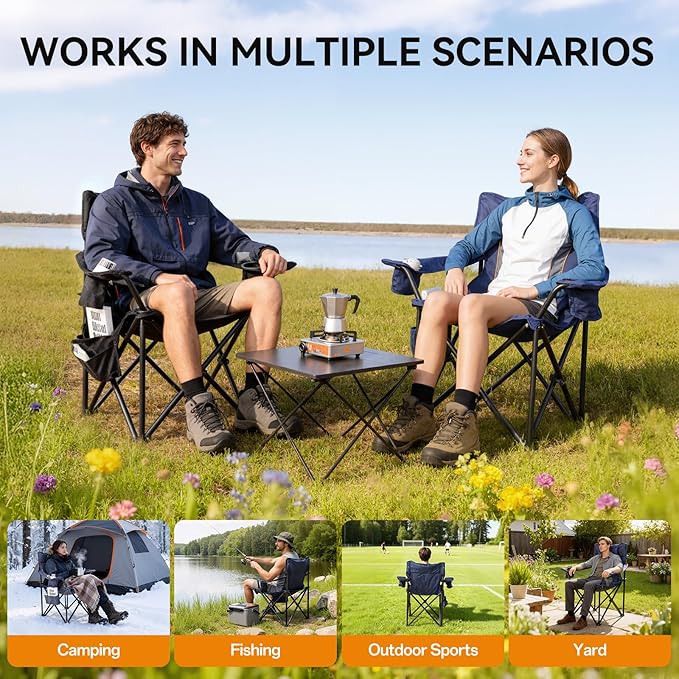 Heated Camping Chairs For Adults, 3 Heating Level For Back And Seat, Foldable Camping Chairs With Cup Holders & Pillow For Outdoor Sports, Camping, Patio, Picnics, Battery Not Included, Navy