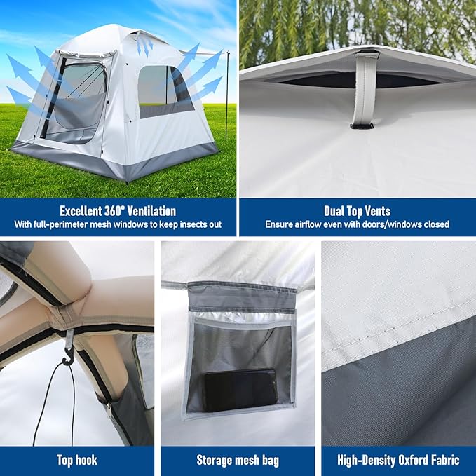 Quick Inflatable Camping Tent 3-4 Person Glamping Outdoor Air Blow Up Tents, Easy Set up,Rainfly & Waterproof Inflatable House Tent for Adults