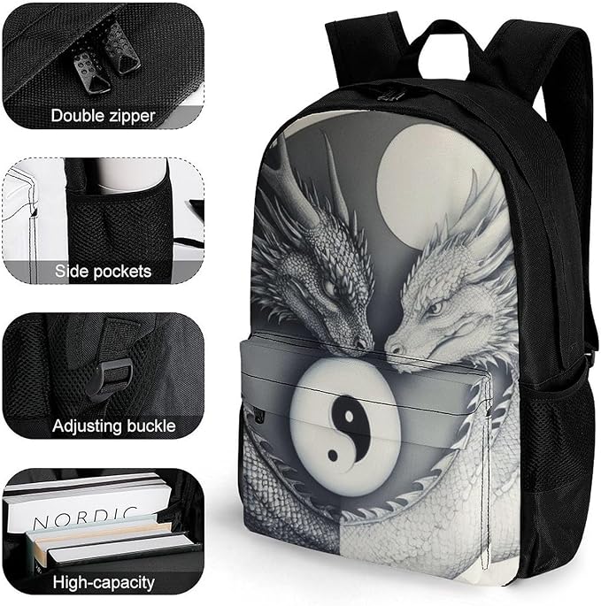 Lightweight Daypack Bookbag for Trekking Business Walking Cycling, Big Capacity Anti-Theft Multipurpose Carry On Bag, Dragon Yin Yang Business Computer Bag