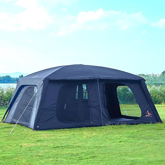 KTT Extra Large Tent 12-14 Person,Family Cabin Tents,2 Rooms,Straight Wall,2 Doors 4 Windows with Mesh,Waterproof,Straight Wall,Big Tent for Outdoor,Picnic,Camping,Gathering(Brown)