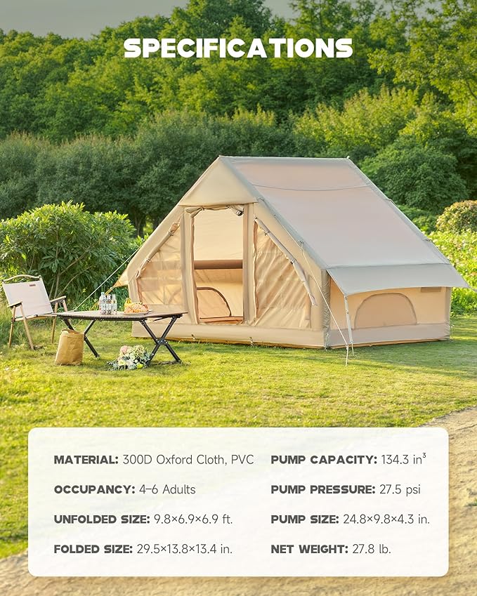 Dartmoor Inflatable Camping Tent, 4-6 Person Air Glamping Tent with Pump, Waterproof Blow Up Tent for Outdoor, 4 Season, Easy Setup, Dual Doors, Windows