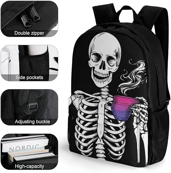 Supdreamc Daypack Polyester Anti-Theft Multipurpose Skull Skeleton Bisexual Pride Flag Art Bookbag Big Capacity Gym Outdoor Hiking Backpack With Adjustable Shoulder Straps
