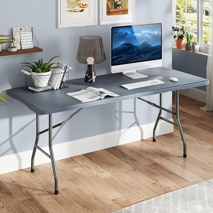 Folding Table, HDPE Portable Table with 6 ft Long Tabletop, Metal Frame Picnic Camping Table with Safe Lock, Collapsible Dining Table for Camping, Picnic, Party (Gray, 6 FT)