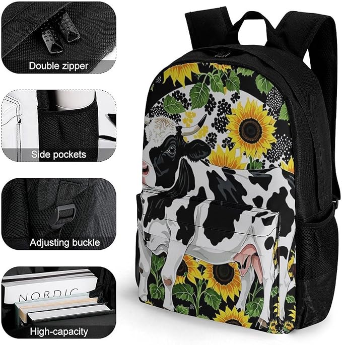 Supdreamc Polyester Daypack Backpack for Trekking Picnic Walking Cycling, Large Capacity Anti-Theft Multipurpose Shoulder Bag, Farm Cow Sunflower Print Casual Daypack