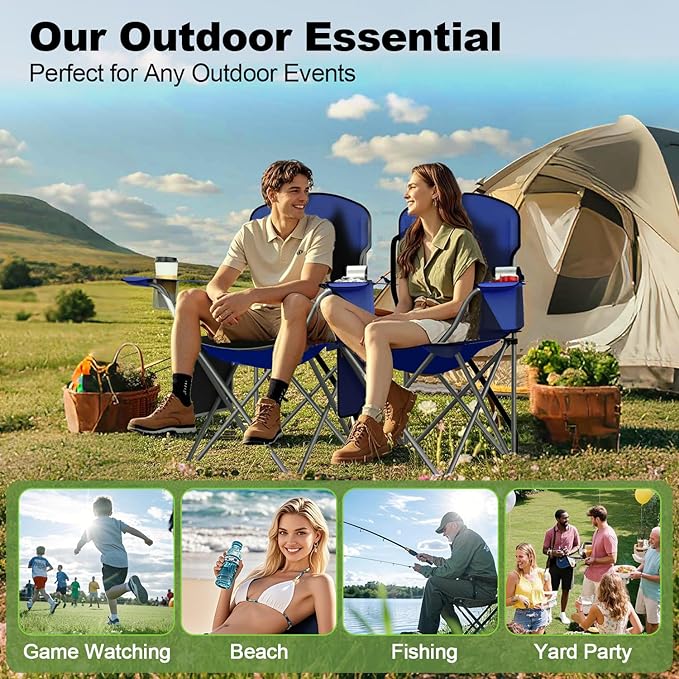 Folding Camping Chairs Durable 600D Oxford, Portable Outdoor Chair with Cooler Pouch, Cup Holder & Storage Pocket for Camping, Beach, Fishing