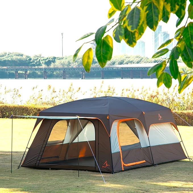 KTT Extra Large Tent 6-10-12-14 Person(B),Family Cabin Tents,2 Rooms,3 Doors and 3 Windows with Mesh,Straight Wall,Waterproof,Double Layer,Big Tent for Outdoor,Picnic,Camping,Family Gathering