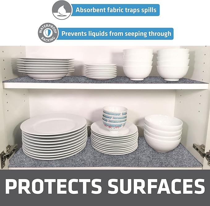 Drymate Premium Luxury Shelf & Drawer Liner, Thick Cushioned Fabric, Non-Adhesive, Absorbent, Waterproof, Slip-Resistant, Liners for Kitchen Cabinets (USA Made)(11”x36”)(2-Pack)(Light Grey Ridged)