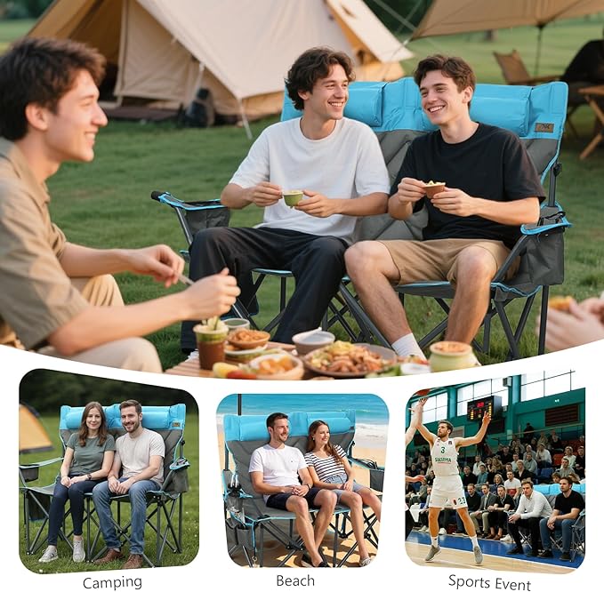 Oversized Double Camping Chairs for Adults, High-Back Loveseat with Pillows, Dual Cup Holders & Cooler Bags - Heavy Duty 2 Person Folding Chair, 800LBS Capacity, Outdoor, Picnic, Lawn (Bluegrey)