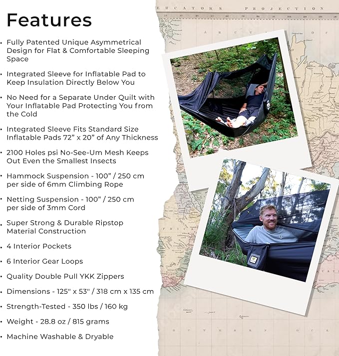 Hammock Bliss Sky Bed Bug Free - Insect Free Hanging Tent That Hangs Like A Hammock But Sleeps Like A Bed - Unique Asymmetrical Design Creates An Amazing Lay Flat Camping Hammock Sleeping Experience