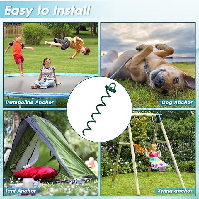 FEED GARDEN 16 Inch Spiral Ground Anchors Heavy Duty Screw in Spiral Stakes, 4 Pack Folding Ring Ground Stakes for Securing Dogs,Tents, Trampolines, Canopies, Swing Sets,Green
