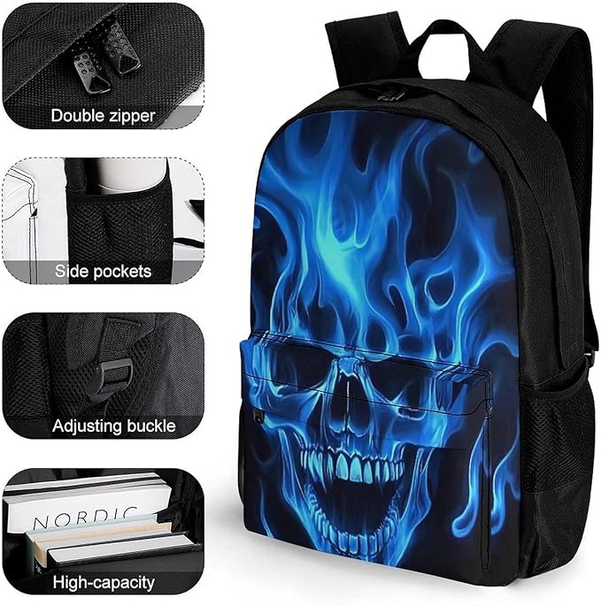 Supdreamc Backpack Multipurpose Anti-Theft Large Capacity Bookbag, Fire Flaming Blue Cool Skull Travel Hiking Daypack With Side Pockets