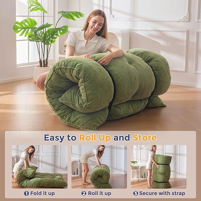 MAXYOYO Floor Mattress Full Size, 6" Chenille Japanese Futon Mattress Foldable Floor Bed for Adults Tufted Roll Up Floor Couch Bed, Tatami Mat Sleeping Pad for Living Room, Bedroom, Green