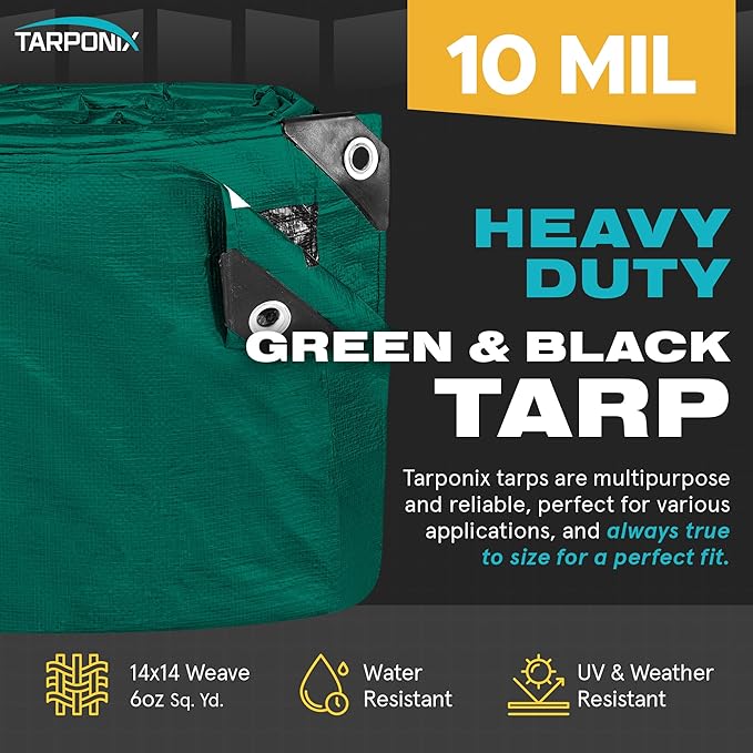 12' x 20' Dual-Sided Heavy-Duty Tarp – 10 Mil Tear-Resistant Green & Black Cover with Reinforced Edges and Anti-Rust Grommets