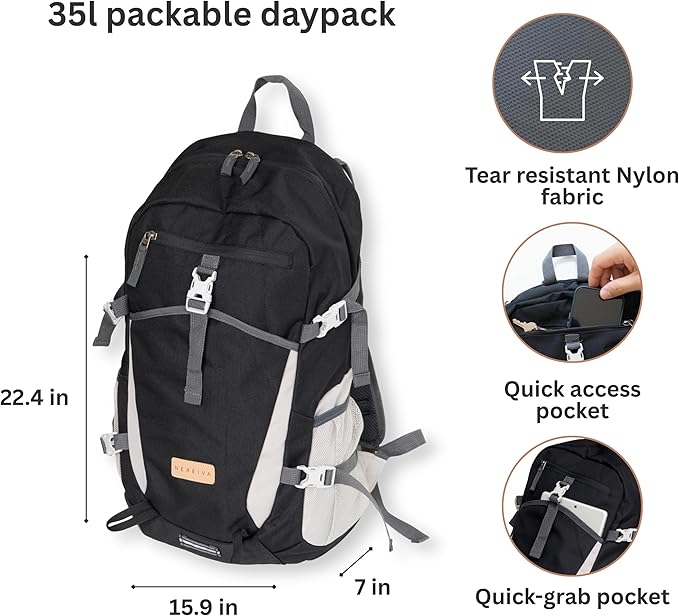 Foldable Backpack with Rain Cover - Multiple Pockets - Waterproof Lightweight Packable Backpack for Travel Camping, 35L Hiking Foldable Daypack for Men Women Black