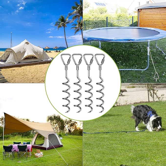 Multi Purpose Ground Anchors Screw in, 18'' Corkscrew Trampoline Stakes, Removable Trampoline Anchors, Tent Stakes Heavy Duty Spiral Ground Anchors for Camping Tent, Swing Set, Shed, Set of 4