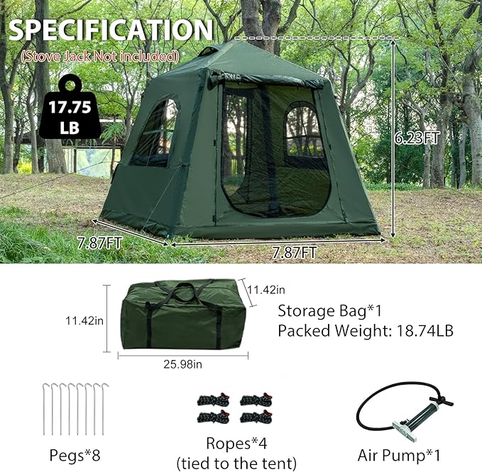 Inflatable Camping Tent with Hand Pump Waterproof Outdoor Blow up Tent 2-8 Person Oxford 4 Season Glamping Air Tent Cabin House with Mesh Windows & Door