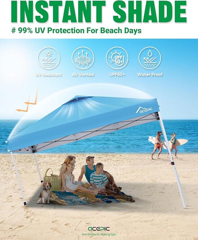 10x10 Pop Up Canopy Tent,300D Silver-Coating Top,Pop Up Canopy Tent Instant Portable Shelter with 1-Button Push and Wheel Carry Bag, 8 Stakes and 4 Upgraded Canopy Weights (Serene Blue, 10x10)